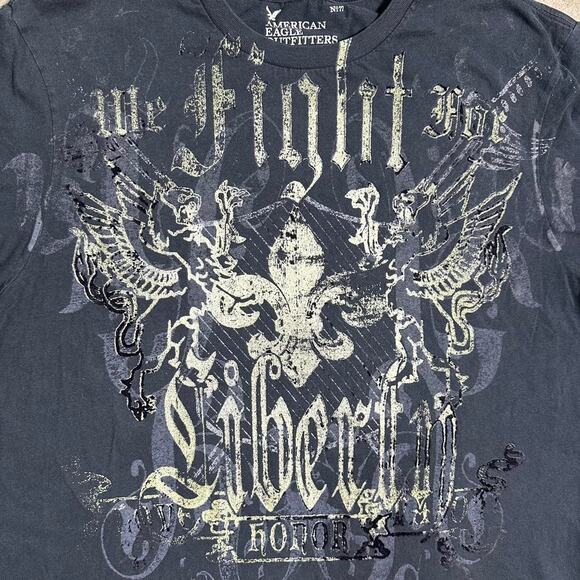 Vintage Y2K American Eagle Grunge Goth AOP Graphic Tee Men XL Black Silver Shirt - Picture 2 of 4